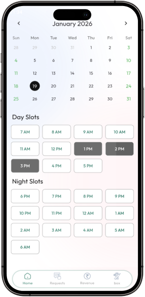 CrickAdmin Home Screen Cricket Box Booking Calendar Day Night Slot Management