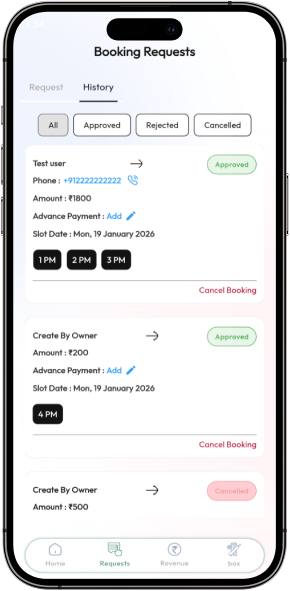CrickAdmin Booking Requests Screen Pending, Accepted & Rejected Reservations