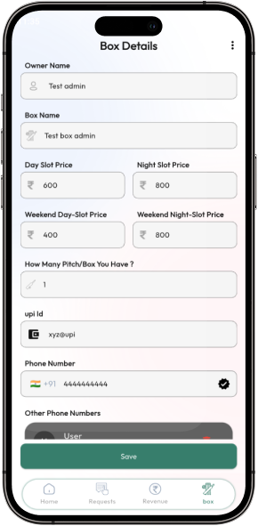 CrickAdmin Box Details Screen Turf Information Pitch,Pricing & Turf Images