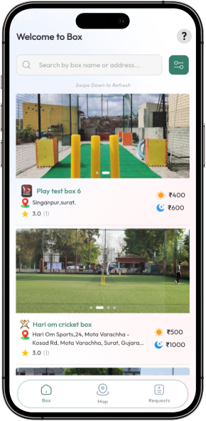 CrickBox Cricket Turf Listing Screen Nearby Box Booking App
