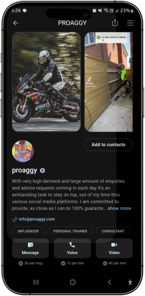 Ultra Messenger Contact Details Screen with User Profile and Communication Options