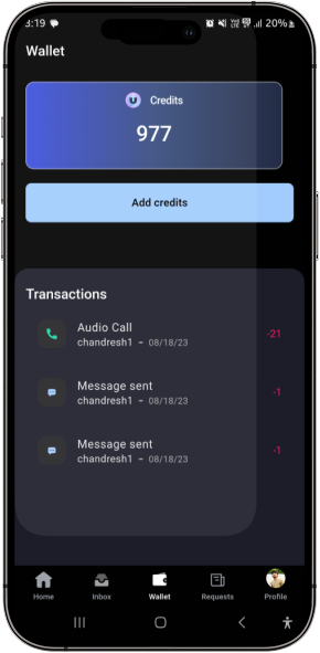 Ultra Messenger Wallet Screen In-App Payments and Digital Wallet